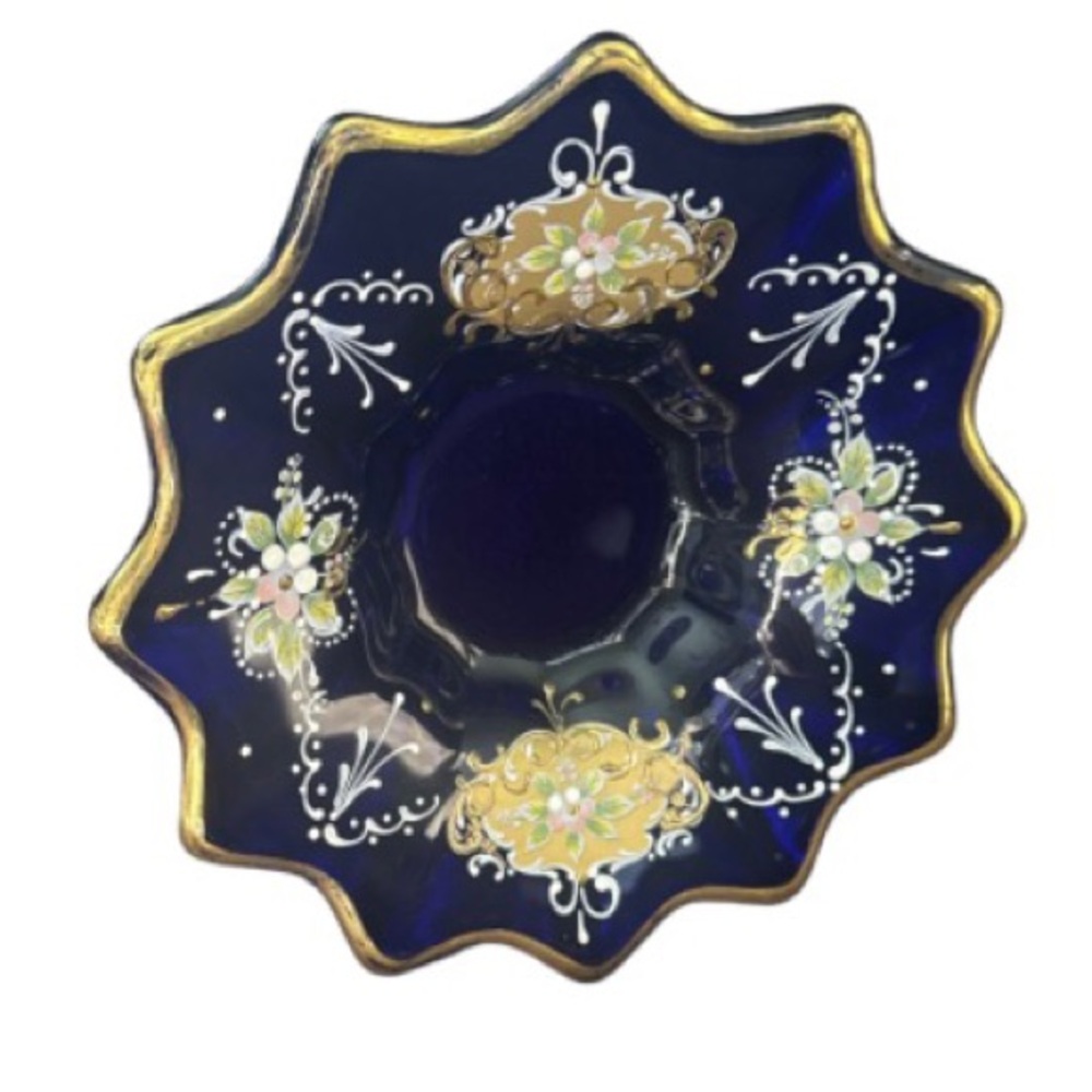 Scalloped Cobalt blue candy dish  with Hand-Painted Gold Floral Accents